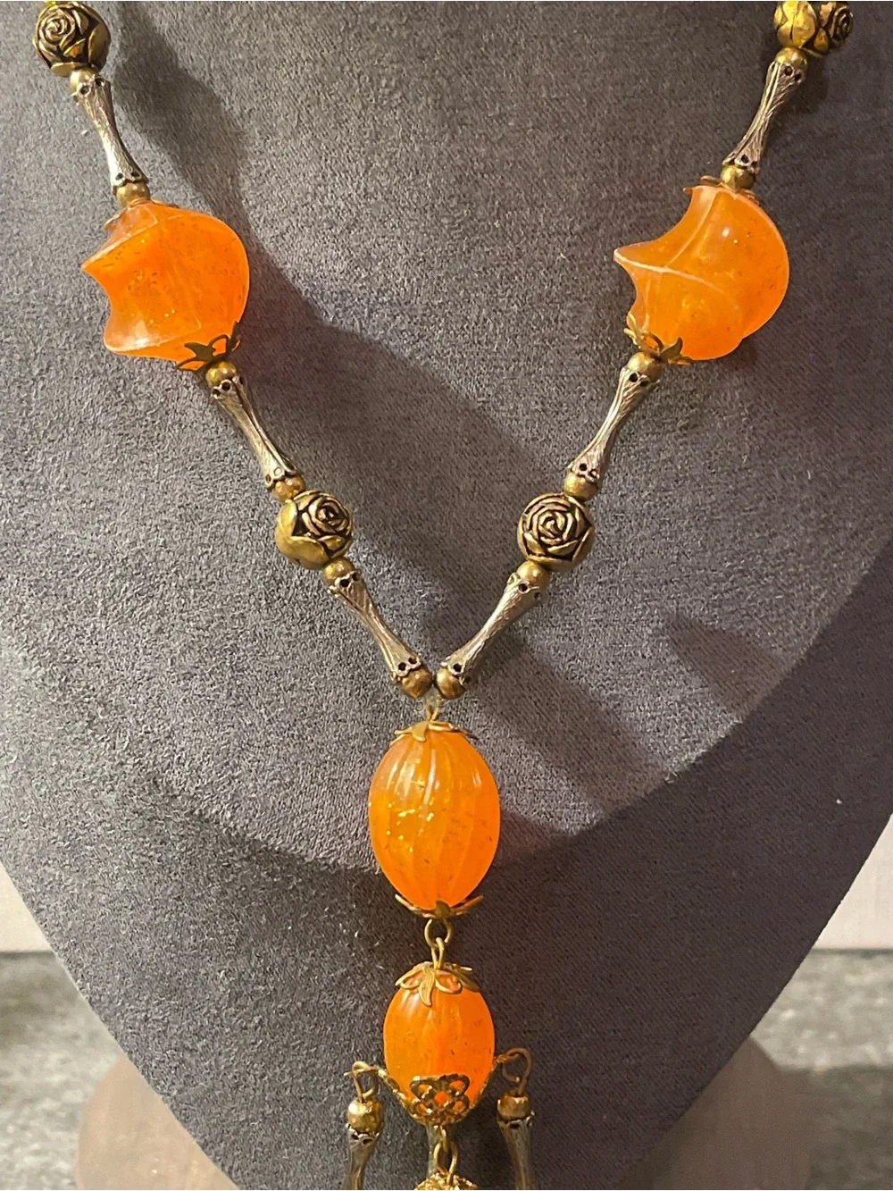 VTG‎ 1970s Orange Lucite & Brass Beaded Tassel Y Necklace Boho Statement Piece